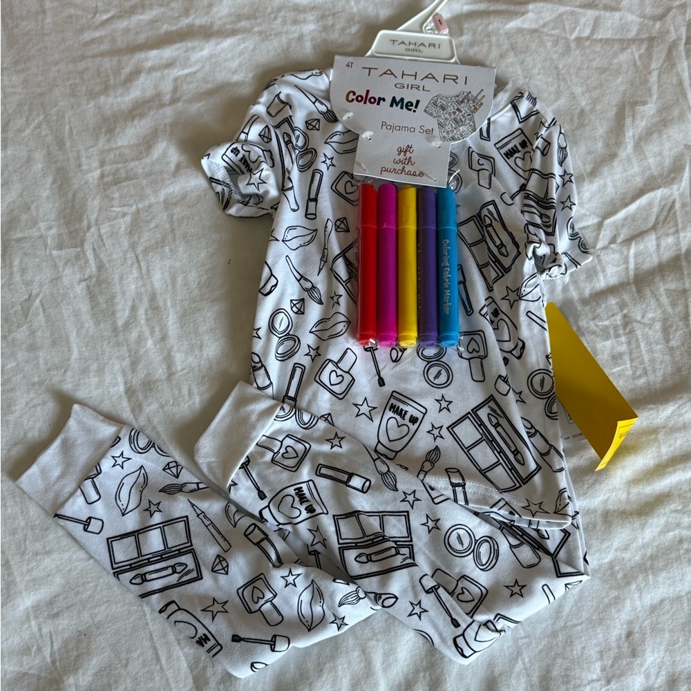 Tahari Girl White Pajama Set with Black Print and Markers